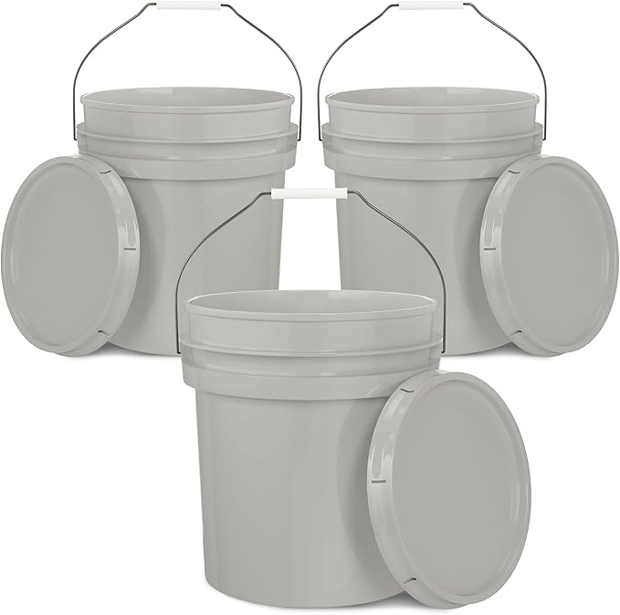 EconoHome 5-Gallon Grey Bucket Pail Container with Lid | Metal Handles with Plastic Grip for Easy Carrying | Easy Stack and Store | Heavy-Duty Extra Durable | Food Grade | BPA Free - 3 Pack