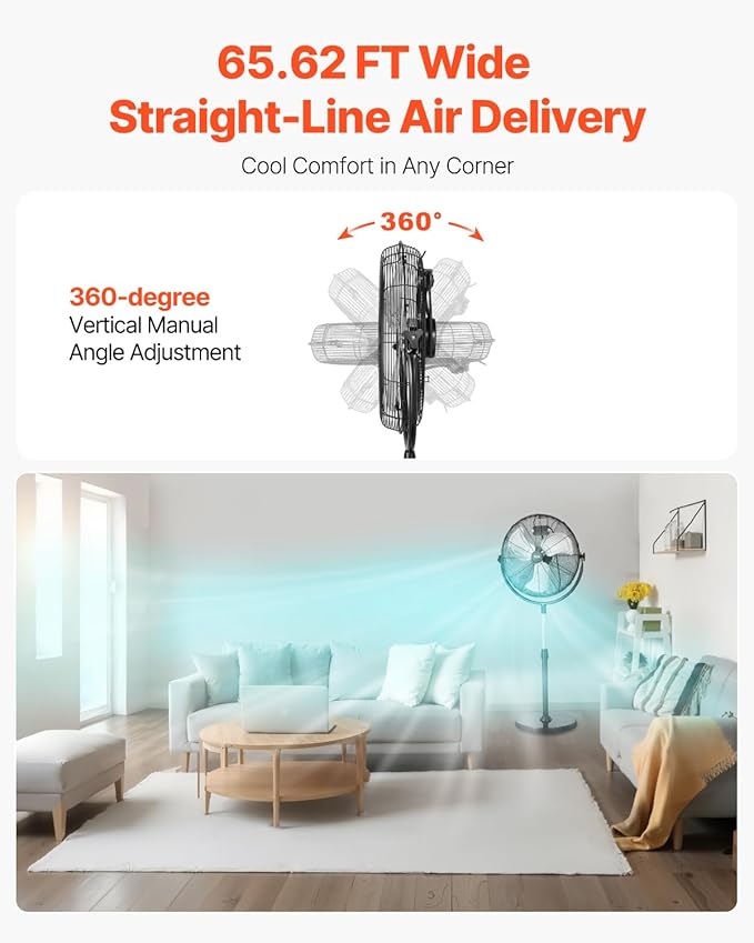 VEVOR Industrial Pedestal Fan, 18 Inch Standing Fan with 45.3 to 57.9 Inches Adjustable Height, Floor Fans with 3 Adjustable Speeds, High Power Fans for Living Room, Home, Office, Black