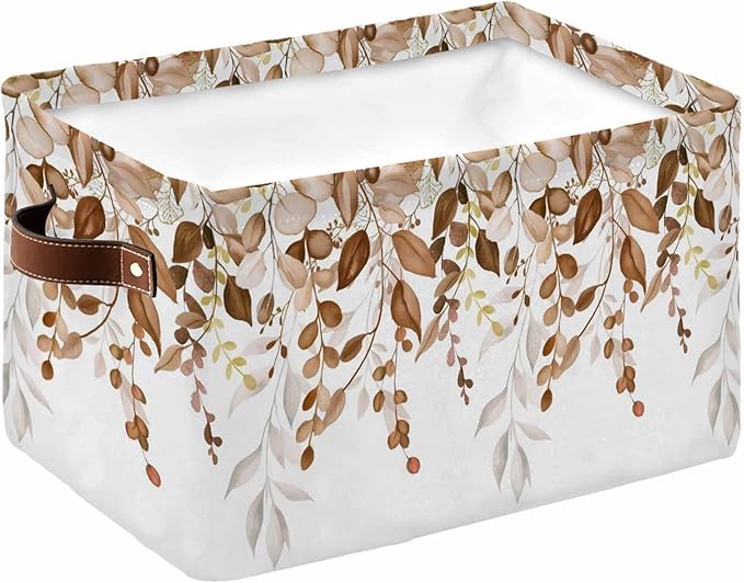 Orange Brown Eucalyptus Storage Bins Cubes Waterproof Cloth Storage Basket,Watercolor Spring Weeping Botanical Foldable Storage Bags for Shelf Storages Organizers with Handles 15x11x9.5 in 1PCS