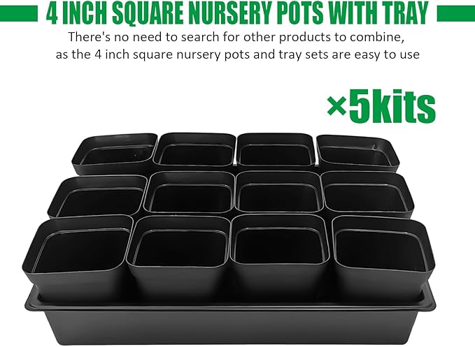 RooTrimmer 4 inch (10CM) Square Nursery Pots 60pcs, Sturdy Seedlings Trays 5 Pcs, Seeds Starter Germination Tray, Microgreening Planter Nursery Propagation 5 Sets