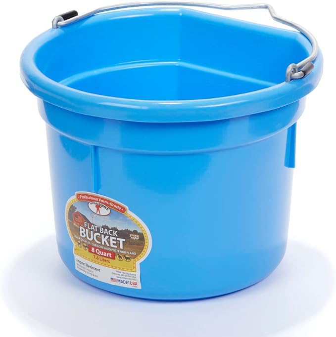 Little Giant® Flat Back Plastic Animal Feed Bucket | Animal Feed Bucket with Metal Handle | Horse Stall Feeding and Watering Supplies (Berry Blue, 8 Quart)