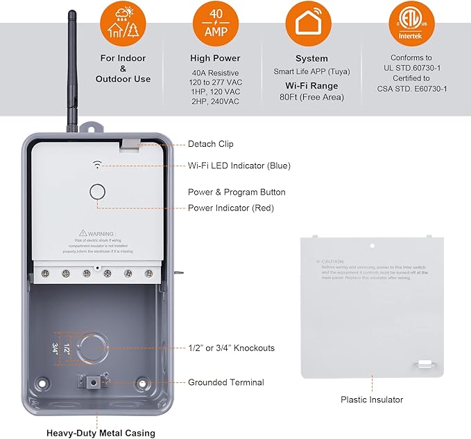 SURAIELEC Pool Timer, WiFi Smart Pool Pump Timer, 120, 240, 277 VAC, 40 AMP, Outdoor Indoor Heavy Duty Metal Casing Pools Control, Wireless Electric Switch Box for Pump, Water Heater, Spa, Light
