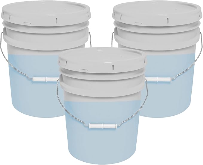 MKS Plastics 5-Gallon Bucket with Airtight Lid – Made in USA, Food Grade BPA Free Plastic, Heavy Duty Multi-Use, Metal Handle with Grip, Stackable Storage – Natural, 3 Pack