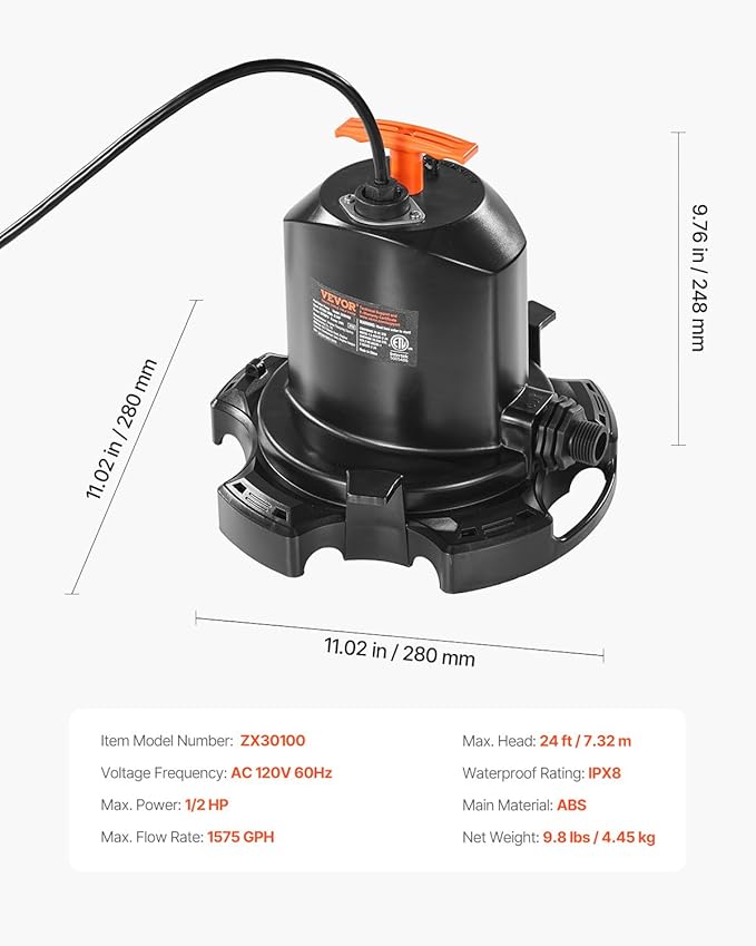VEVOR 1/2 HP Submersible Pool Cover Pump – 1575 GPH, 24 ft Max Lift, Water Removal and Transfer Pump for Swimming Pools, Inflatable Water Parks, Draining (25 ft Power Cord)
