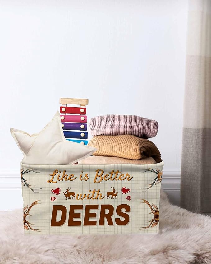 Deer Storage Bins Cubes Waterproof Cloth Storage Basket,Wildlife Animals Rustic Farmhouse Country Nature Elk Foldable Storage Bags for Shelf Clothes Storages Organizers with Handles 15x11x9.5 in 2PCS