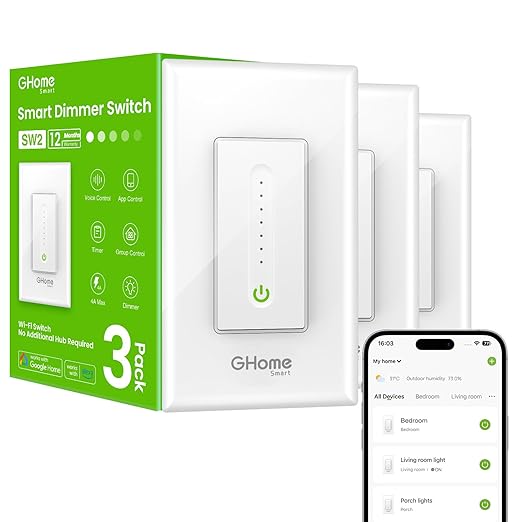GHome Smart Dimmer Switch, Single Pole, 2.4GHz WiFi Dimmer Light Switch Works with Alexa and Google Home, Voice & APP Remote Control | Timer & Schedule | UL FCC Certified, Neutral Wire Required, 3 PCS