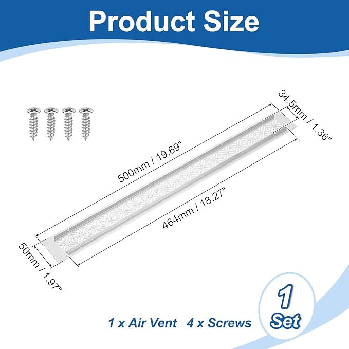 uxcell Aluminum Alloy Air Vents, 500 x 50mm / 19.7 x 2" Rectangle Louvered Ventilation Grille Cover with Mounting Screws for Door Cabinet Wardrobe, Silver
