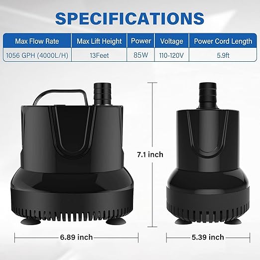 Simple Deluxe 1056GPH 85W Bottom Suction Water Table Pump (4000L/H) with 3 Nozzles for Fish Tank, Pond, Aquarium, Hydroponics, Black
