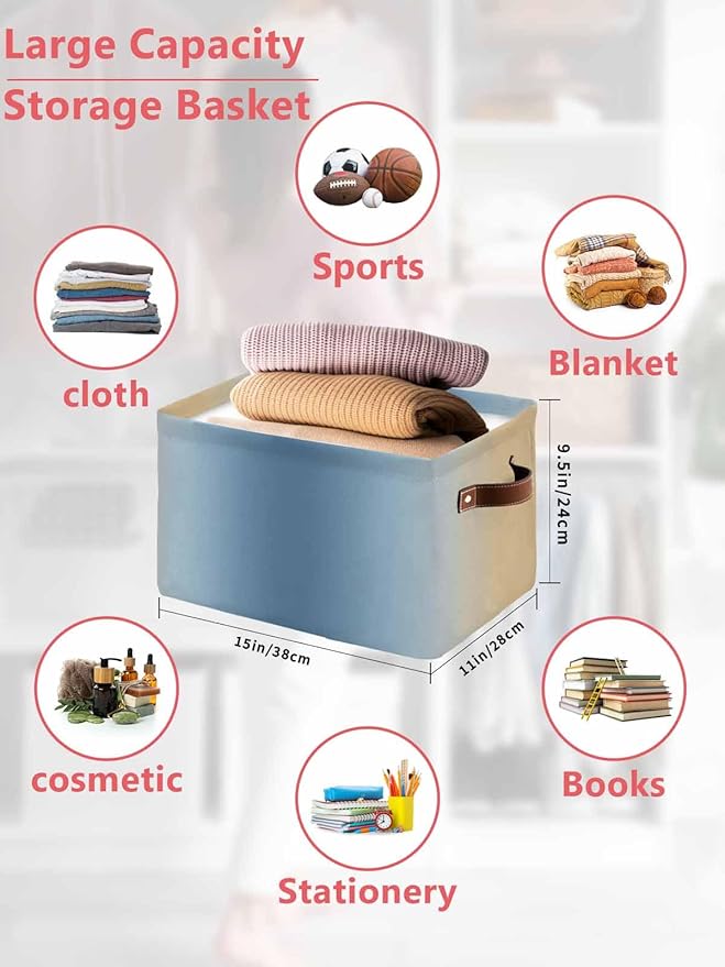 Blue Yellow Ombre Storage Bins Cubes Waterproof Cloth Storage Basket, Farmhouse Modern Gradient Art Foldable Storage Bags for Shelf Closet Clothes Storages Organizers with Handles 15x11x9.5 in 1PCS