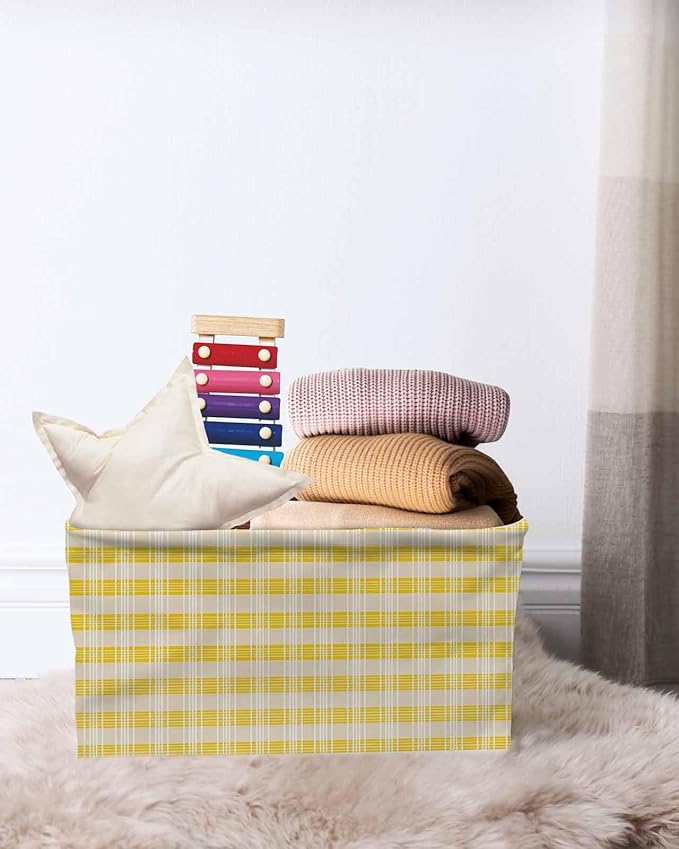 Yellow Plaid Striped Storage Bins Cubes Waterproof Cloth Storage Basket,Farmhouse Checkered Modern Abstract Art Foldable Storage Bags for Shelf Storages Organizers with Handles 15x11x9.5 in 2PCS