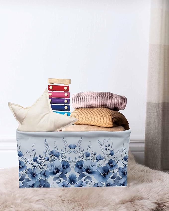 Blue Blooms Floral Storage Bins Cubes Waterproof Cloth Storage Basket,Spring Flowers Botanical Blue Ombre Foldable Storage Bags for Shelf Clothes Storages Organizers with Handles 15x11x9.5 in 1PCS