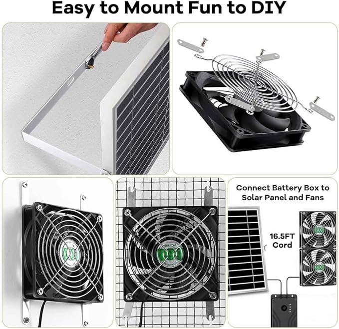 Solar Powered Fan with Battery, Rechargeable Solar Fan for Chicken Coop, Greenhouse, Shed, Outside with Two IPX7 Waterproof Exhaust Intake Fans 16.5Ft On/Off Switch Cable