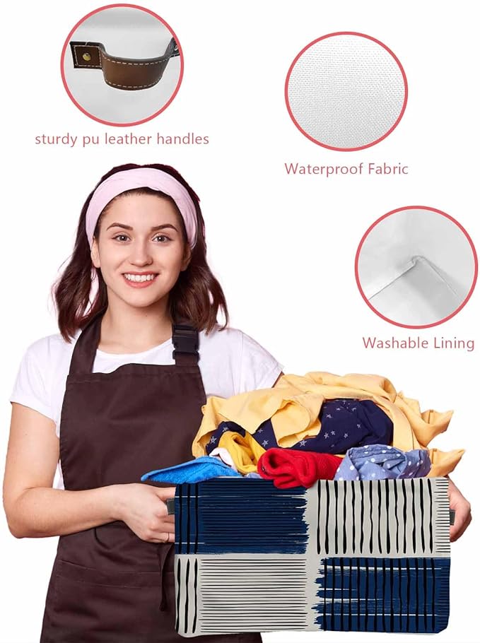 Navy Blue Striped Storage Bins Cubes Waterproof Cloth Storage Basket,Farmhouse Stripes Modern Abstract Art Foldable Storage Bags for Shelf Clothes Storages Organizers with Handles 15x11x9.5 in 1PCS