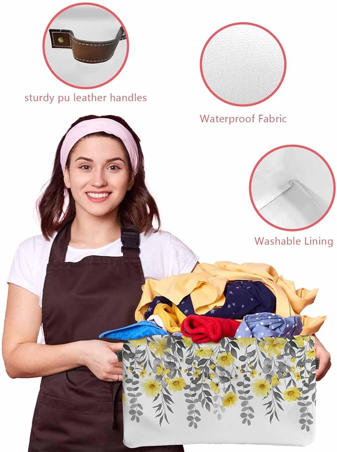 Yellow Floral Storage Bins Cubes Waterproof Cloth Storage Basket, Farmhouse Spring Flowers Leaves Foldable Storage Bags for Shelf Closet Clothes Storages Organizers with Handles 15x11x9.5 in 2PCS