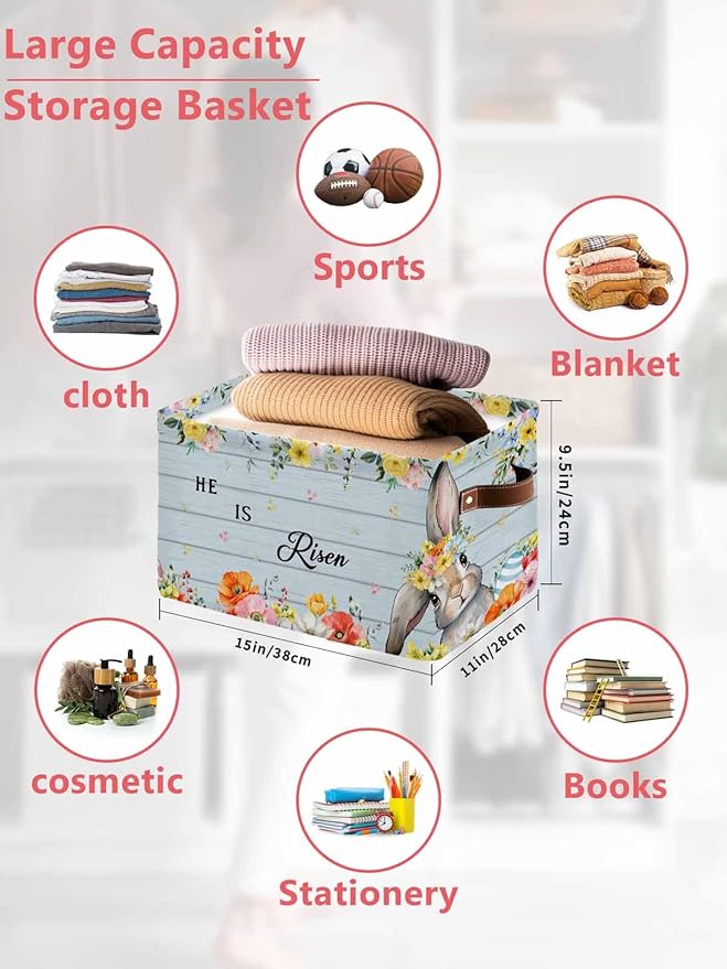 Easter Storage Bins Cubes Waterproof Cloth Storage Basket,Spring Farmhouse Bunny Flower Blue Wood Grain Foldable Storage Bags for Shelf Clothes Storages Organizers with Handles 15x11x9.5 in 2PCS