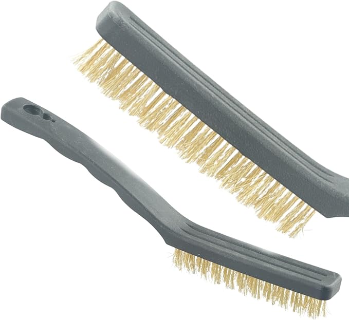 Heavy Duty Mini Wire Brush Set for Rust Removal Engine Cleaning Upholstery and Plastic Surfaces – Steel Brass Nylon Brushes with 9 Inch Handle(Brass)