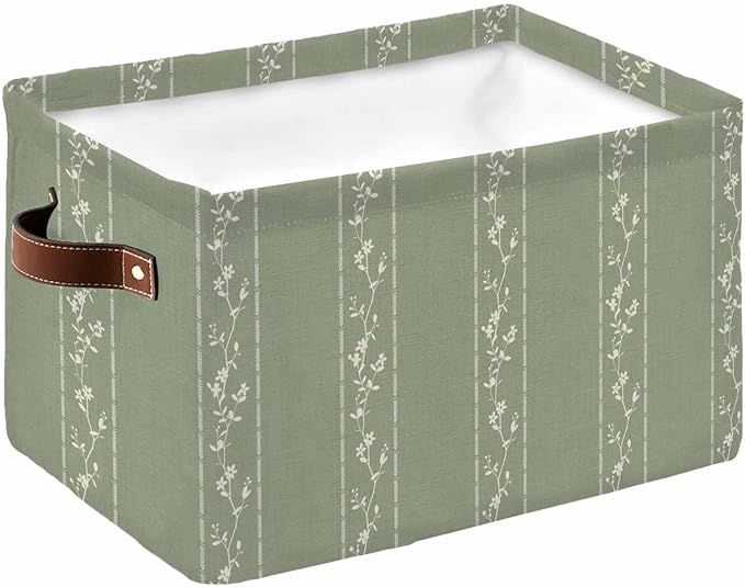 Green Flower Branch Storage Bins Cubes Waterproof Cloth Storage Basket, Spring Summer Farmhouse Botanical Foldable Storage Bags for Shelf Closet Clothes Organizers with Handles 15x11x9.5 in 1PCS