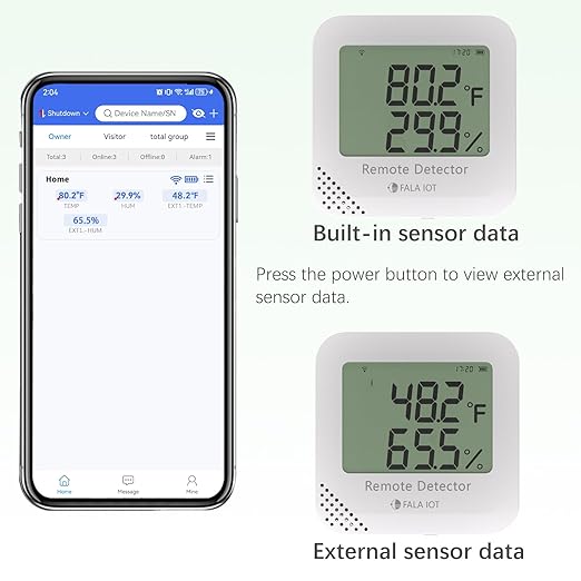 External Flat Temperature & Humidity Sensor Probe – Waterproof, (-40°F to 194°F, 0 to 100% RH), 16.4ft Length for Greenhouse, Farm, Freezer & Industrial Use, Only for FALA IOT Detector