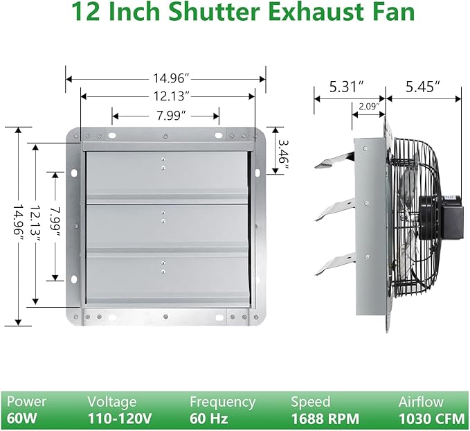 Shutter Exhaust Fan with Thermostat & Speed Control, 1030 CFM,1688RPM, Upgrade 12 inch Wall Mount Attic Vent Fan for Chicken Coops, Greenhouse, Gable, Barn, Garage, Shed Ventilator