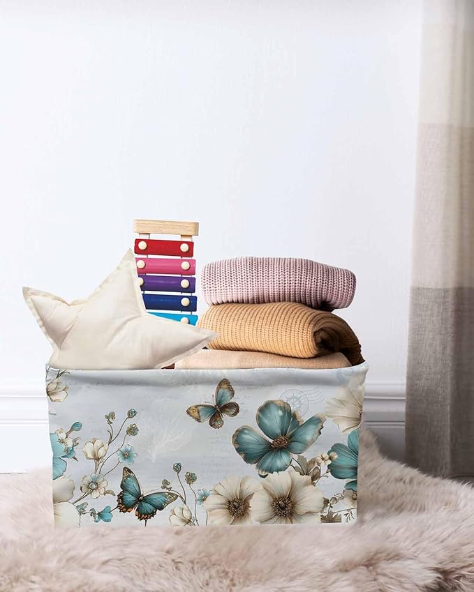 Teal Tulip Butterfly Storage Bins Cubes Waterproof Cloth Storage Basket,Beige Turquoise Floral Blue Coastal Foldable Storage Bags for Shelf Clothes Storages Organizers with Handles 15x11x9.5 in 2PCS