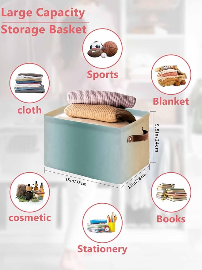 Teal Yellow Ombre Storage Bins Cubes Waterproof Cloth Storage Basket, Farmhouse Modern Gradient Art Foldable Storage Bags for Shelf Closet Clothes Storages Organizers with Handles 15x11x9.5 in 2PCS