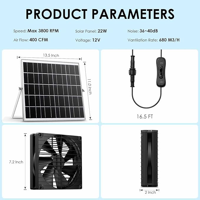 7 Inch 44W Solar Powered Two Fan Exhaust Vent Large Airflow for Outside Greenhouse Chicken Coop Shed Trailer, IPX7 Waterproof Brushless DC Motor 16.5 Ft On/Off Switch Cable
