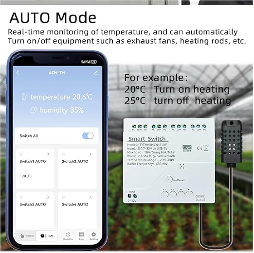 4 Ch WiFi Smart Temperature Humidity Realy Switch,AC 85-250V or USB 5V Smart Life/Tuya app Dry Contact Compatible with Alexa Google Home (AC 85-250V)