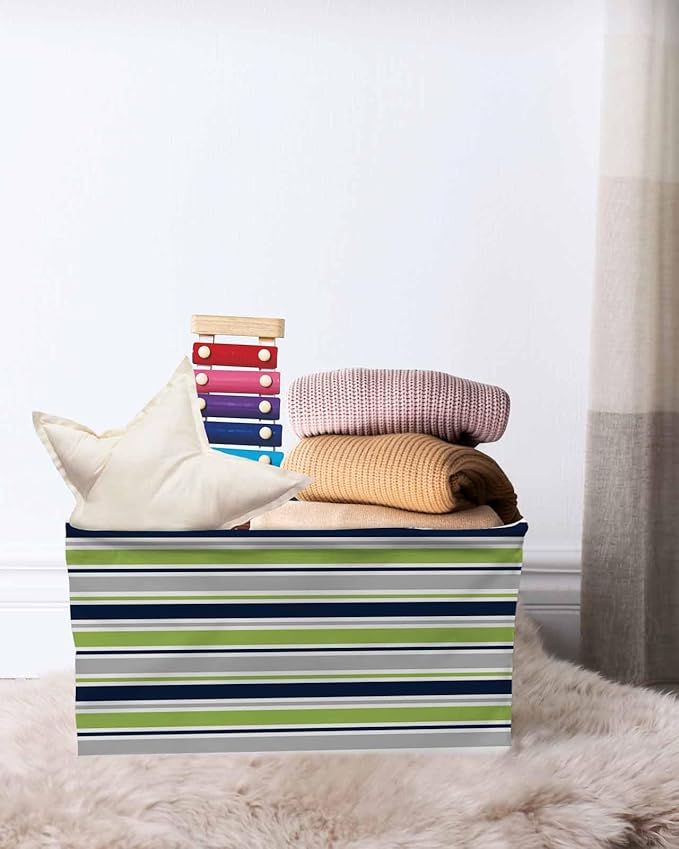 Green Gray Striped Storage Bins Cubes Waterproof Cloth Storage Basket,Farmhouse Stripes Modern Abstract Art Foldable Storage Bags for Shelf Clothes Storages Organizers with Handles 15x11x9.5 in 2PCS