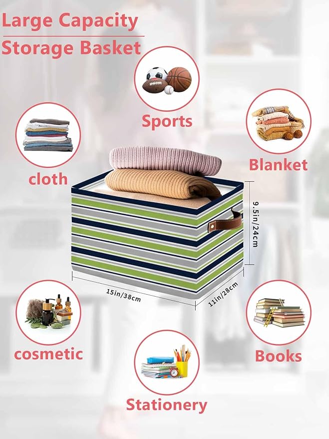 Green Gray Striped Storage Bins Cubes Waterproof Cloth Storage Basket,Farmhouse Stripes Modern Abstract Art Foldable Storage Bags for Shelf Clothes Storages Organizers with Handles 15x11x9.5 in 1PCS
