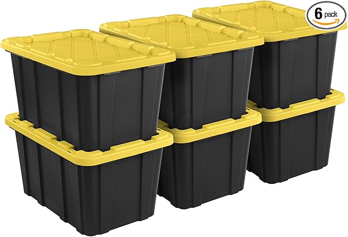Storage Bin 27 Gallon Industrial Tote, Rugged Plastic Storage Bin, Snap-on Lid, Heavy-Duty Organizing Containers for Closet, Bathroom, and Office 6-Pack