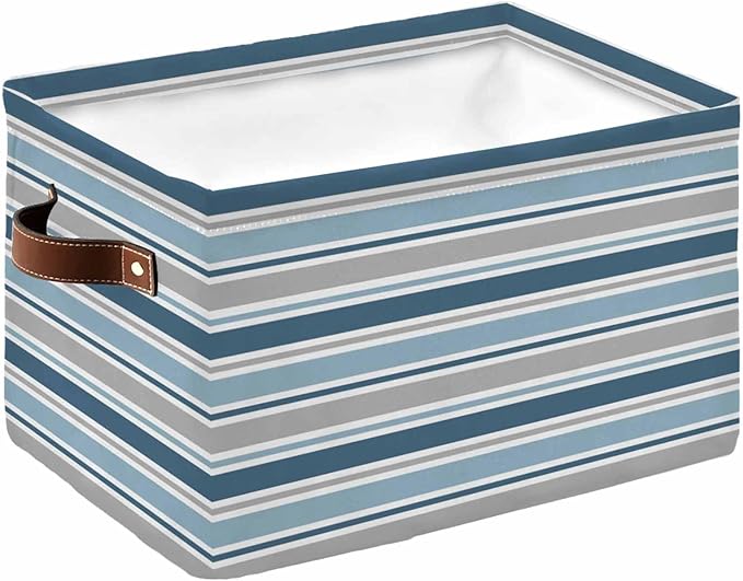 Blue Grey Striped Storage Bins Cubes Waterproof Cloth Storage Basket,Farmhouse Stripes Modern Abstract Art Foldable Storage Bags for Shelf Clothes Storages Organizers with Handles 15x11x9.5 in 1PCS