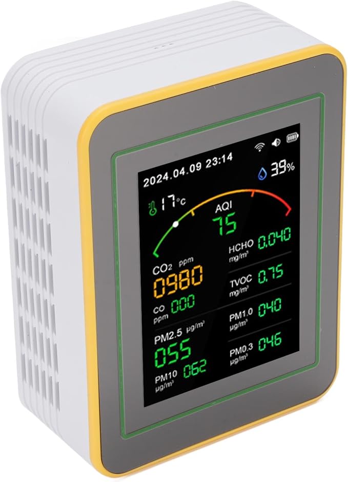 Eujgoov Air Quality Detector, 15 in 1 WiFi APP Control CO2 HCHO TVOC PM2.5 PM10 Temperature Humidity Monitor, with Smart Timer and Real Time Data, for Indoor Air Quality Tester (White Yellow)