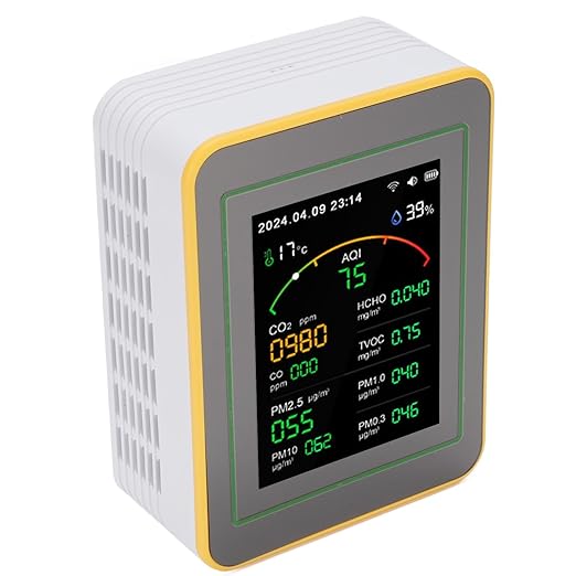 Eujgoov Air Quality Detector, 15 in 1 WiFi APP Control CO2 HCHO TVOC PM2.5 PM10 Temperature Humidity Monitor with Smart Timer and Real Time Data, for Indoor Air Quality Testing (White Yellow)