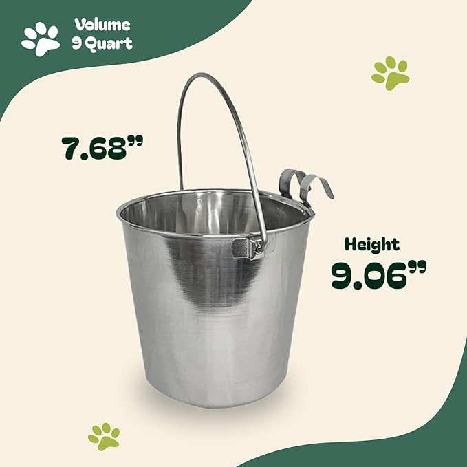 9 Quart Stainless Steel Bucket with Dual Hook | Perfectly Fits on Kennels, Cages and Critter Crates | Heavy Duty Bucket for Pets Cleaning & Food Prep - Flat Sided Pail