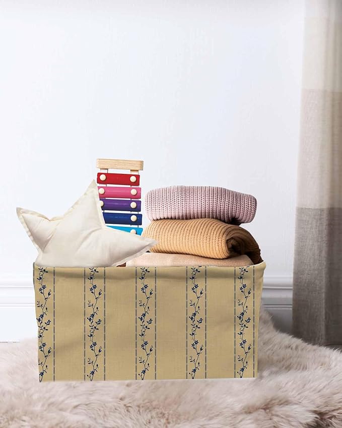 Khaki Flower Branch Storage Bins Cubes Waterproof Cloth Storage Basket, Spring Summer Farmhouse Botanical Foldable Storage Bags for Shelf Closet Clothes Organizers with Handles 15x11x9.5 in 1PCS