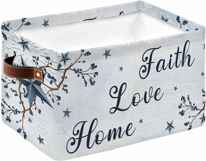 Texas Star Country Storage Bins Cubes Waterproof Cloth Storage Basket, Blue Farmhouse Branches Foldable Storage Bags for Shelf Closet Clothes Storages Organizers with Handles 15x11x9.5 in 1PCS