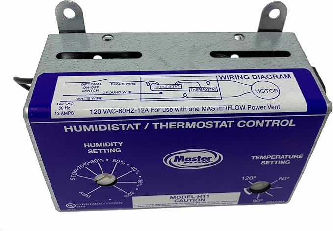 Master Flow GAF Adjustable Humidistat & Thermostat Combo for Power Vents & Fans | Controls Attic Moisture & Heat Buildup | Adjustable for All Climates | Universal Compatibility | UL Listed - HT1