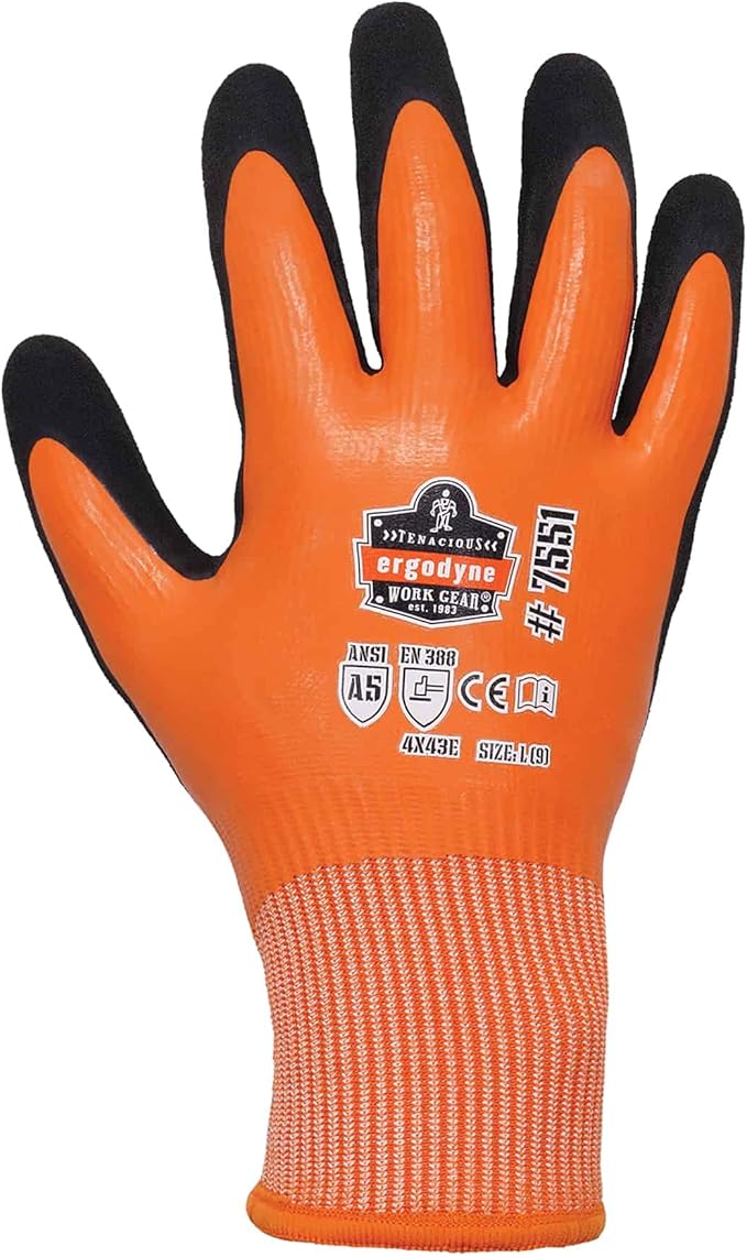 Ergodyne ProFlex 7551 Waterproof Winter Work Gloves, Cut Resistant ANSI A5, Sandy Nitrile Coated Palms, Thermal Fleece Lining, 12-Pack