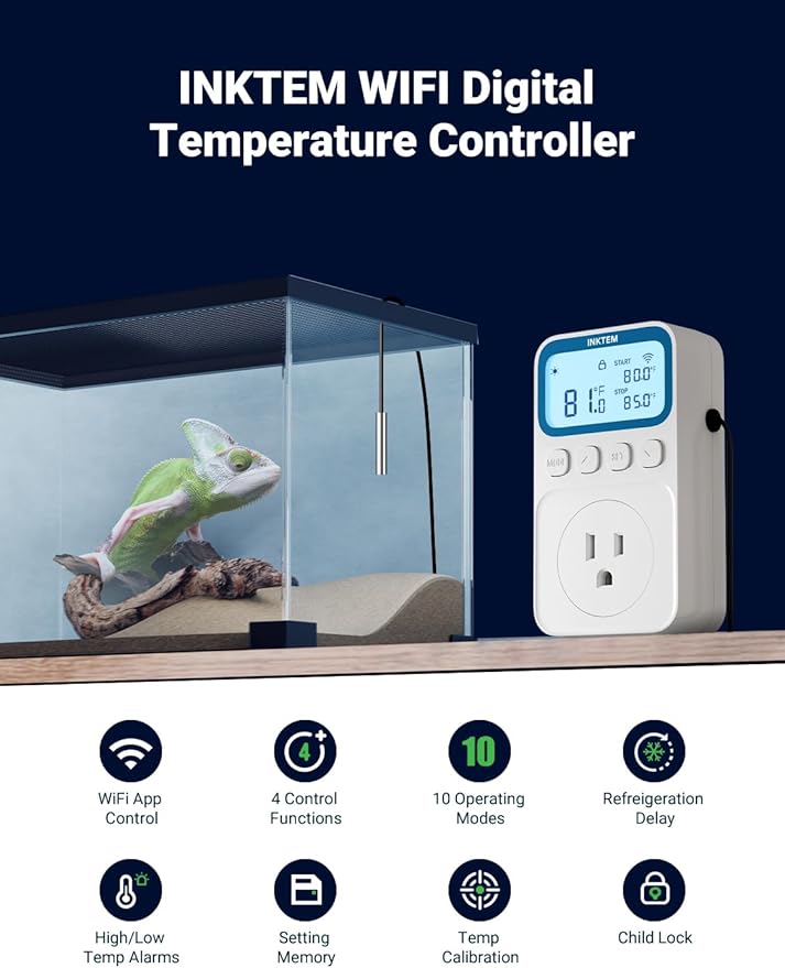 WiFi Plug in Thermostat Outlet, Temperature Controlled Outlet with Smart APP, Timer & Memory Digital Temp Controller -40~212℉, IP67 Waterproof Probe for Incubator Homebrew Reptile Space Heater