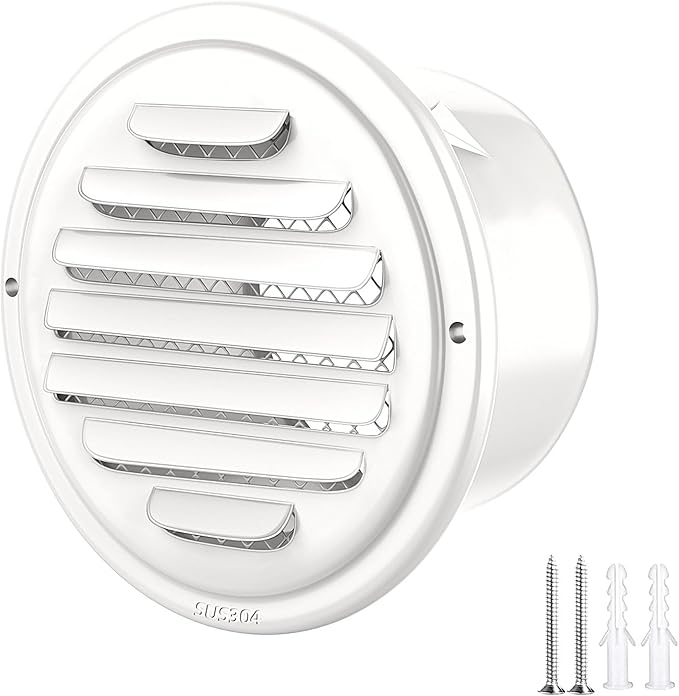 4 in White 304 Stainless Steel Air Vents Cover, piiyoosnn Louvered Grille Cover Vent Flat Ducting Air Vent Wall Inlet with Built-in a Fly Screen Mesh for HVAC Ventilation (4 inch (100mm) White Paint)
