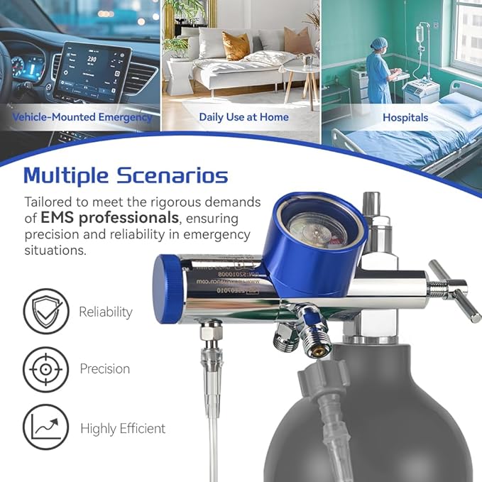 Oxygen Regulator with 1 Wrench and 5 Brass Yoke Washer Seals, CGA870 Connection 0-25 LPM with Impact Withstanding Metal Gauge, Break Withstanding, All-Brass Body