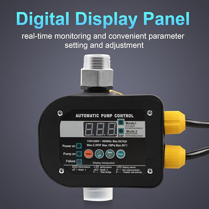 Smart Pump Controller with 2 Metal Pump Connector, BSPP G1 Threaded Interface, 2 Modes Digital Display, Adjustable Pressure, High Power, for Home, Garden, Industrial Use