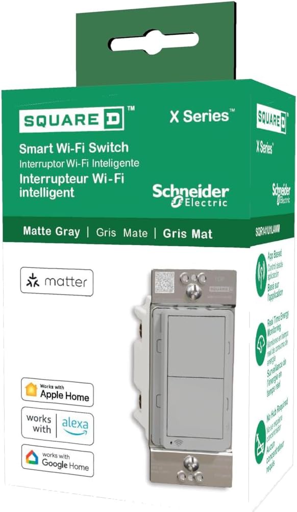 Square D by Schneider Electric X Series 15 Amp WiFi Energy Monitoring Light Switch, Single-Pole/3-way, 600 Watt, Rocker, Matter Certified, Works with Alexa, Google Home, Apple Home, Matte Grey