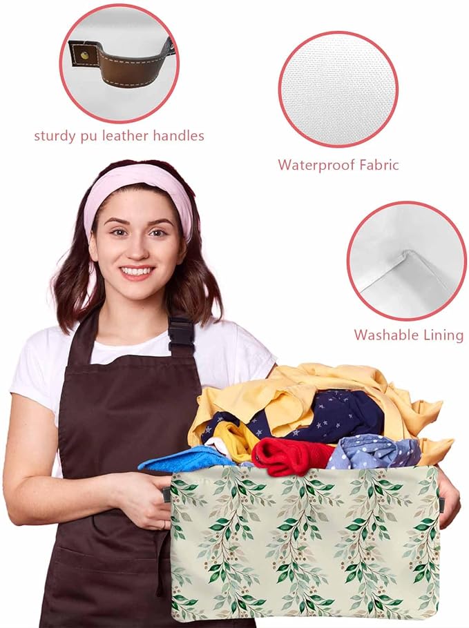 Weeping Leaves Storage Bins Cubes Waterproof Cloth Storage Basket, Summer Green Branch Berry Farmhouse Foldable Storage Bags for Shelf Closet Clothes Organizers with Handles 15x11x9.5 in 2PCS