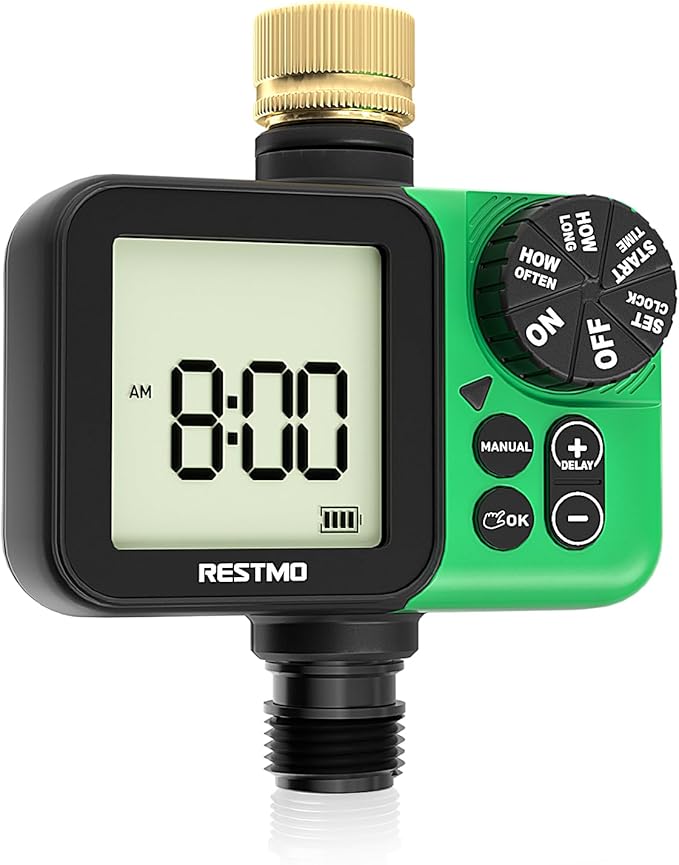 RESTMO Oversized LCD Sprinkler Timer for Outdoor Hose Faucet, Up to 11h59m Programmable Watering Timer for Soaker Hose, Filling, Misting with Brass Inlet, Rain Delay/Manual/Automatic Irrigation System