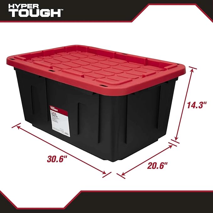 Tough 27 Gallon Plastic Storage Bin with Snap Lid, Stackable, Lockable, Black/Red, Set of 6, Heavy-Duty, Durable, Multi-Purpose Storage Containers for Indoor & Outdoor Use