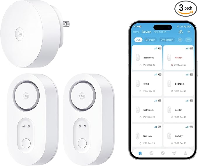 GoveeLife Upgraded Smart Water Leak Detector 1s with 1804 ft Ultra-Long Range, WiFi Water Sensor with SMS/Email/APP Push and Sound Alarm, 5-Year Battery Life, Suit for Home, Basement, Kitchen, 2 Pack