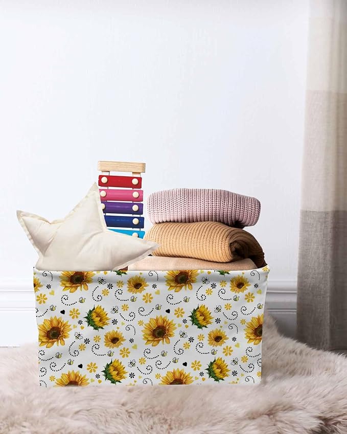 Sunflower Storage Bins Cubes Waterproof Cloth Storage Basket, Summer Botanical Farmhouse Floral Elegant Foldable Storage Bags for Shelf Clothes Storages Organizers with Handles 15x11x9.5 in 1PCS