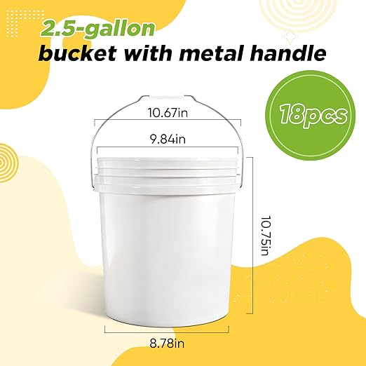 DEMORA 2.5 Gallon Small Plastic Buckets, Heavy Duty Pails, BPA-Free Food Grade Container, No Lid, Metal Handle, for Household Cleaning, Ice, Fish,Storage（White，18 Pack）