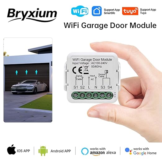 Smart WiFi Garage Door Opener - Bryxium Universal Wireless Remote Openers Gate Switch Sensor Remote, Compatible with Alexa and Google Assistant Devices, SmartThings, App Control, No Hub Required